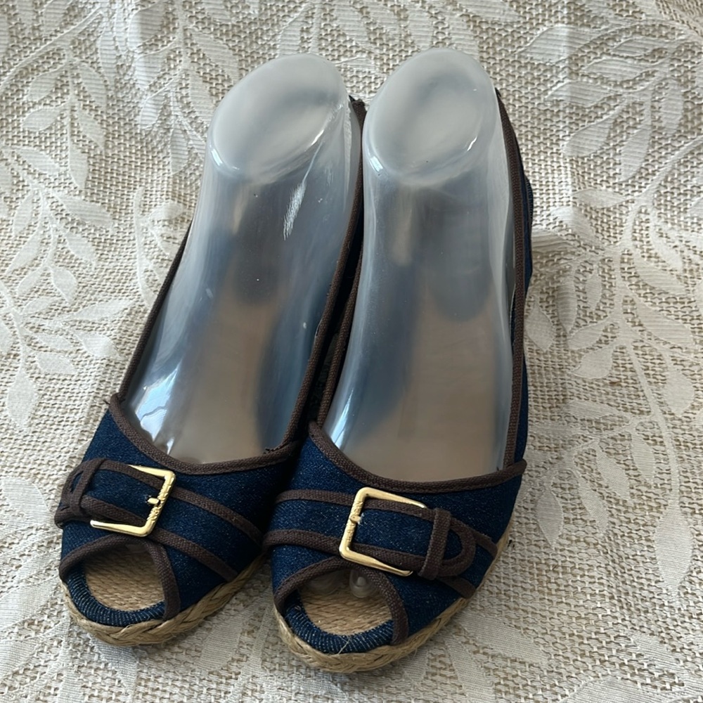 Ralph Lauren Cameron Dark Denim Brown‎ Canvas Peep Toe Wedge Espadrilles Size 8